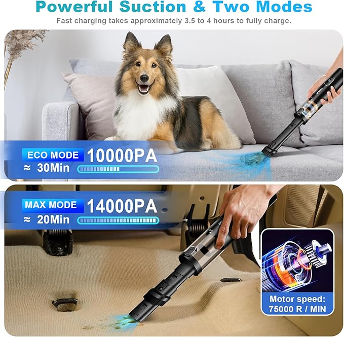 Upbooz Handheld Vacuum Cordless, Car Vacuum with 14000PA Powerful Suction with LED Light, Air Duster 2-in-1,Low Noise Rechargeable Portable Mini Vacuum Cleaner for Car Home Pet Office,Two Gears Black