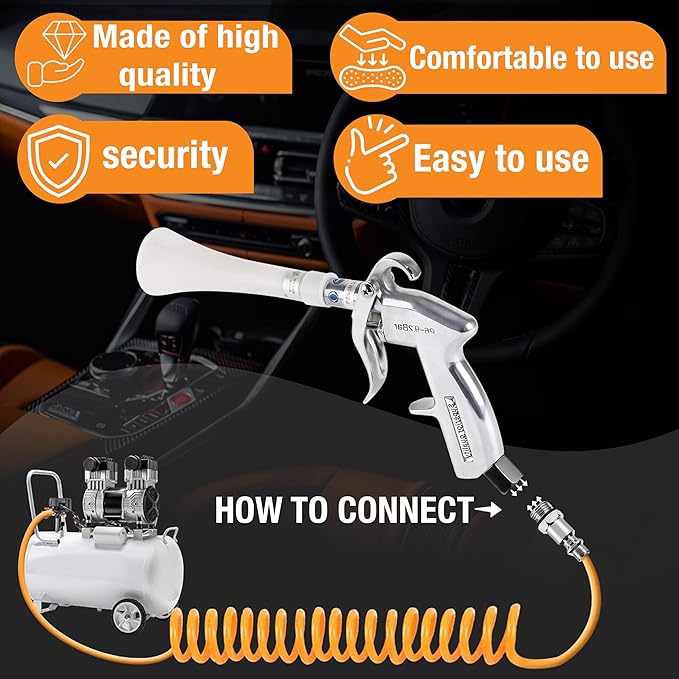 Premium Tornado Air Blow Gun with Nozzle Car Interior cleaning Quickly Blasts Dirt and Dust Dryer Vent Cleaner Wash Kit Hose Car Detailing Supplies Turbo Tool Works with Air Compressor P 6-9.2 Bar