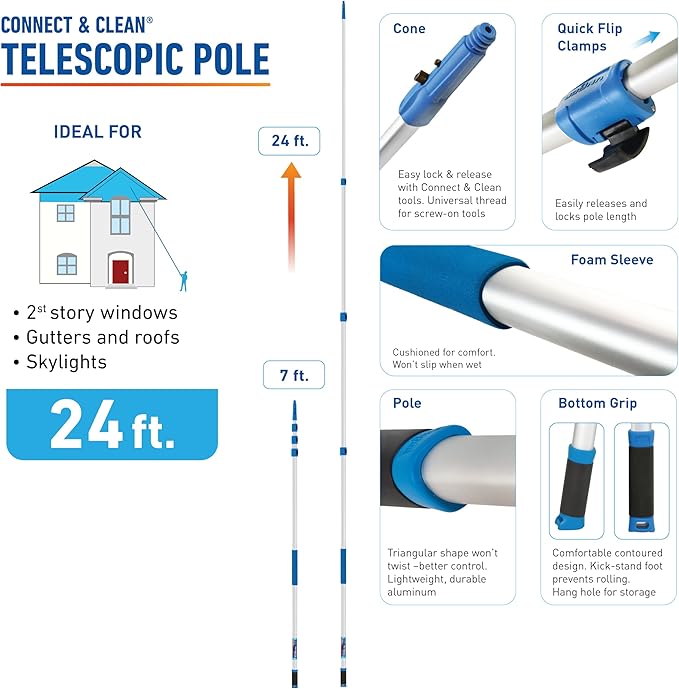 Unger Professional Connect and Clean 7’-24’ Aluminum Telescopic Extension Pole with Locking Cone and Quick-Flip Clamp, Indoor and Outdoor Use, Compatible with Cleaning Tool Attachments