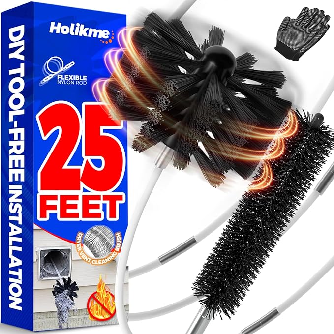 Holikme 25 Feet Dryer Vent Cleaner Kit, Flexible Lint Brush with Drill Attachment, Fireplace Chimney Brushes Extends Up to 25 Feet for Easy Cleaning, Use with or Without a Power Drill