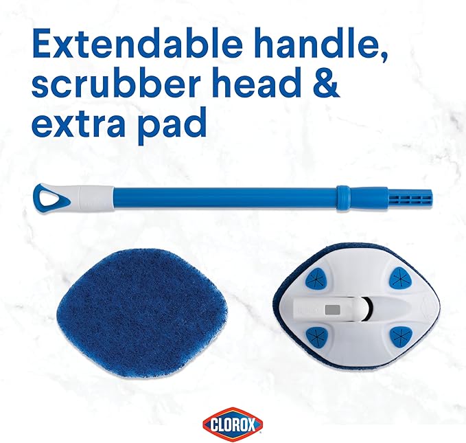 CLOROX Extendable Tub and Tile Scrubber (Pack of 2) with Extra Pad - Plastic Head, Blue, Tile Surface