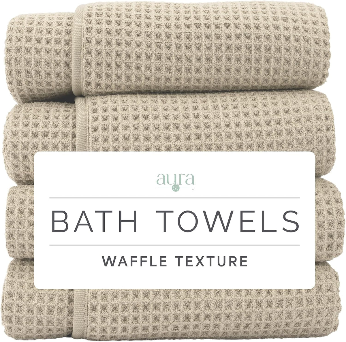 Aura Waffle Bath Towels, 4 Pack, 30" x 60", Beige