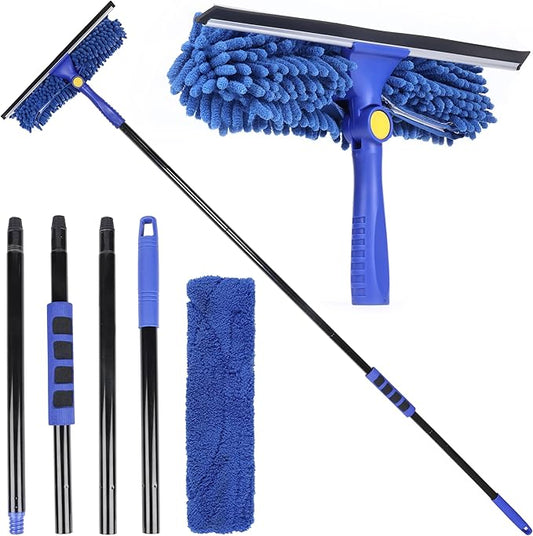 Kleen Handler 2-in-1 Window Squeegee with 60” Extendable Pole, Rotatable Glass Cleaner Tool for Commercial and Residential Use, 2 Reusable Sleeves and 14” Blade