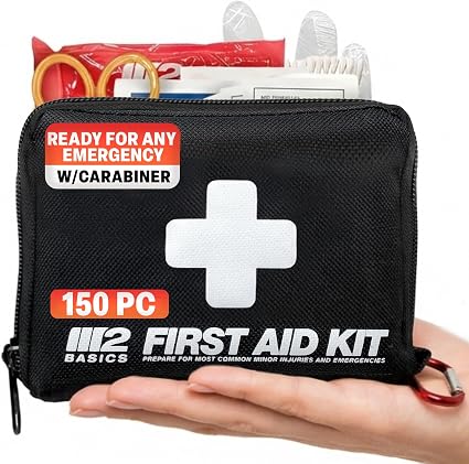 M2 BASICS 150 Piece Premium First Aid Kit, Compact Bag for Purse & Travel