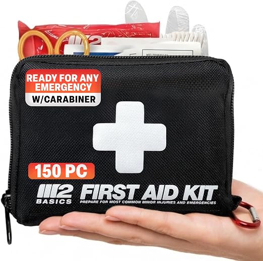 M2 BASICS 150 Piece Premium First Aid Kit, Compact Bag for Purse & Travel