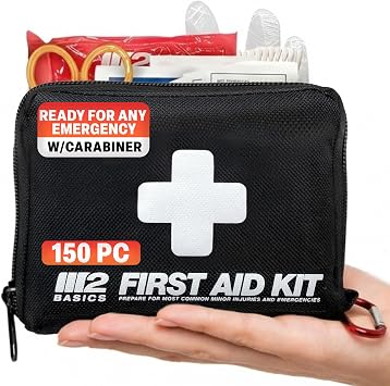 M2 BASICS 150 Piece Premium First Aid Kit, Compact Bag for Purse & Travel