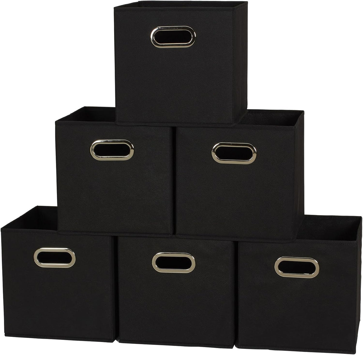 Foldable Fabric Storage Bins 6 Piece Set, Strong Poly-Woven Fabric, Sturdy Chipboard Sides, Grommet Front Handle, Stackable, Classic Design, Black