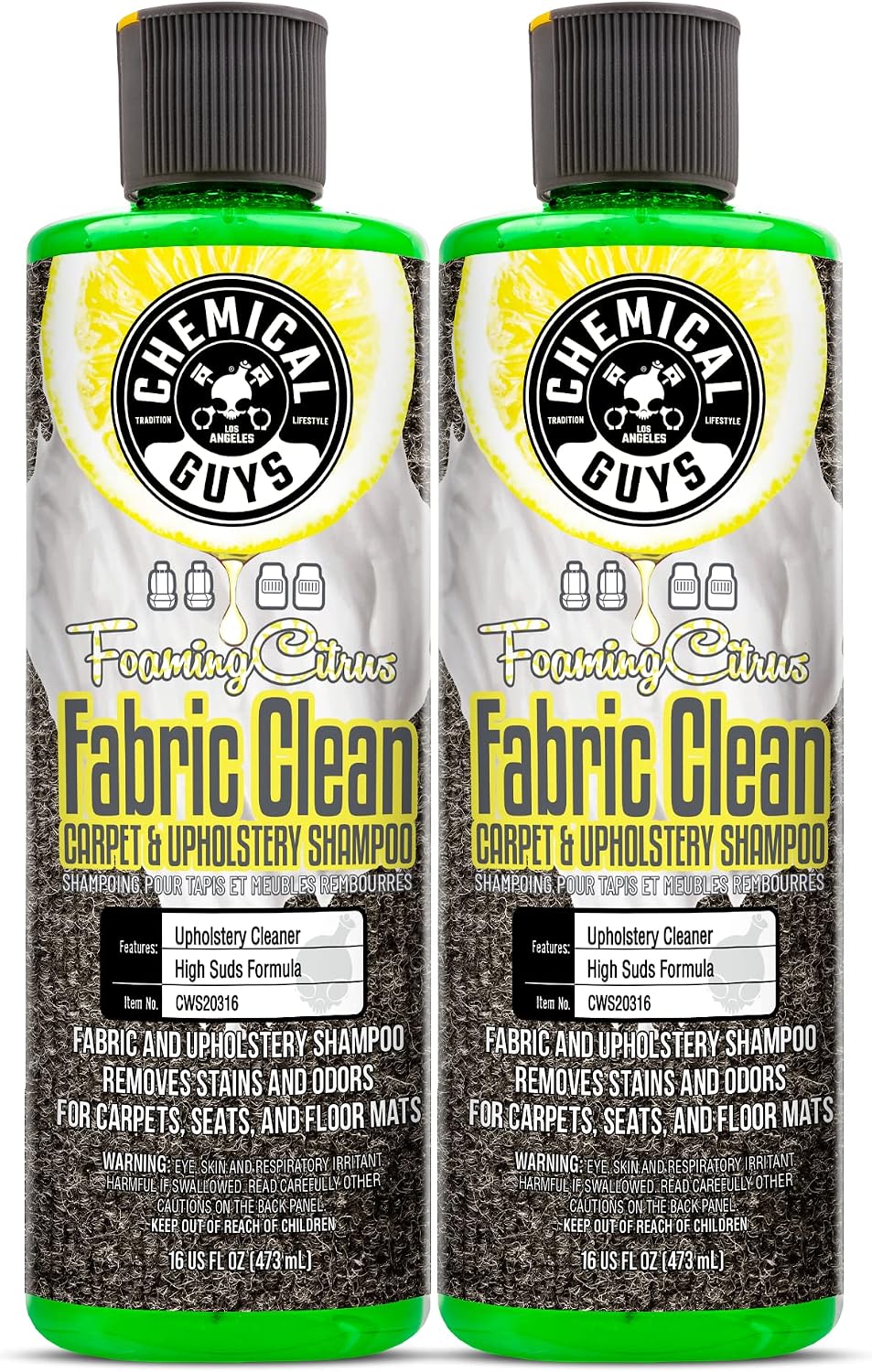 CWS2031602 Foaming Citrus Fabric Clean Carpet & Upholstery Shampoo & Odor Eliminator (Car Carpets, Seats & Floor Mats), Safe for Cars, Home, Office, & More, 16 fl oz, 2 Pack