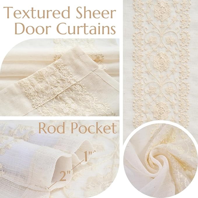 jinchan French Sheer Volie Door Curtain Embroidered Farmhouse Linen Curtain for Patio Door with Tie up Bows Light Filtering for Door Window Closet Rod Pocket 40 Inches 1 Panel Crude on Beige