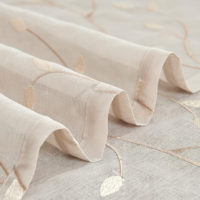 jinchan Sheer Door Curtain 40 Inches Floral Embroidered Semi-Sheer Embroidery Voile Floral French Door Curtain Light Filtering Drape Rod Pocket 1 Panel Beige