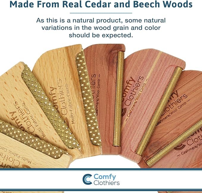 Comfy Clothiers Cedar Wood Cashmere Comb & Beech Wood Sweater Shaver Comb Combo Pack (One of Each Type) – Multi-Fabric Shaver Removes Pills, Fuzz and Lint from Garments