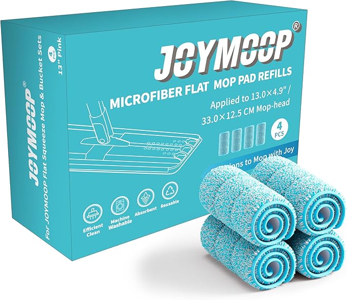 JOYMOOP Microfiber Replacement Mop Pads for Flat Mop System, 13" Mop Head Refills Compatible with JOYMOOP Mop and Bucket Set, 4-Pack, Grey and Cyan Blue