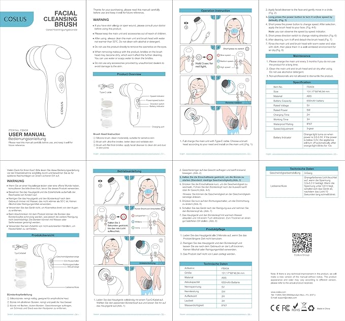 COSLUS FBX04 Facial Cleansing Brush Face Scrubber: 3 in 1 Bi-Directional Electric Spin Brush for Removing Blackhead, Exfoliating, Massaging - Rechargeable Waterproof, 3 Adjustable Speeds for Men Women