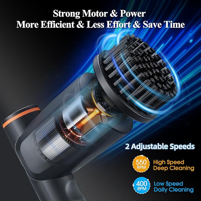 Electric Spin Scrubber,Cordless Shower Scrubber with LCD Display,Upgraded Motor 400/550RPM,2 Speeds Electric Scrubber with 6 Replaceable Heads,Handheld Cleaning Brush for Kitchen/Bathroom/Tile/Tub