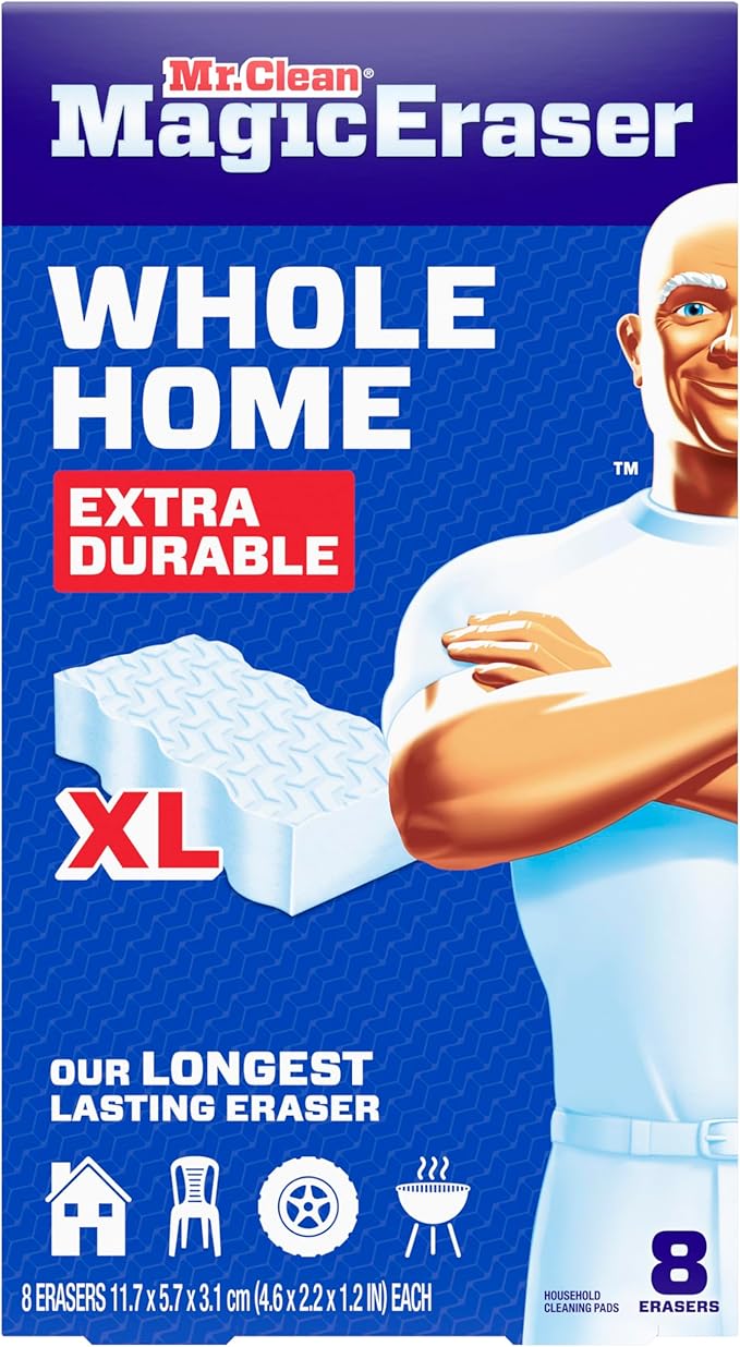 Mr. Clean Magic Eraser Sponge, All Purpose Cleaner, Long Lasting Cleaning Scrubber, Wall, Sneaker, Oven, Kitchen, Bathroom, Shower Cleaner, Cleaning Supplies, Whole Home Extra Durable XL, 8ct