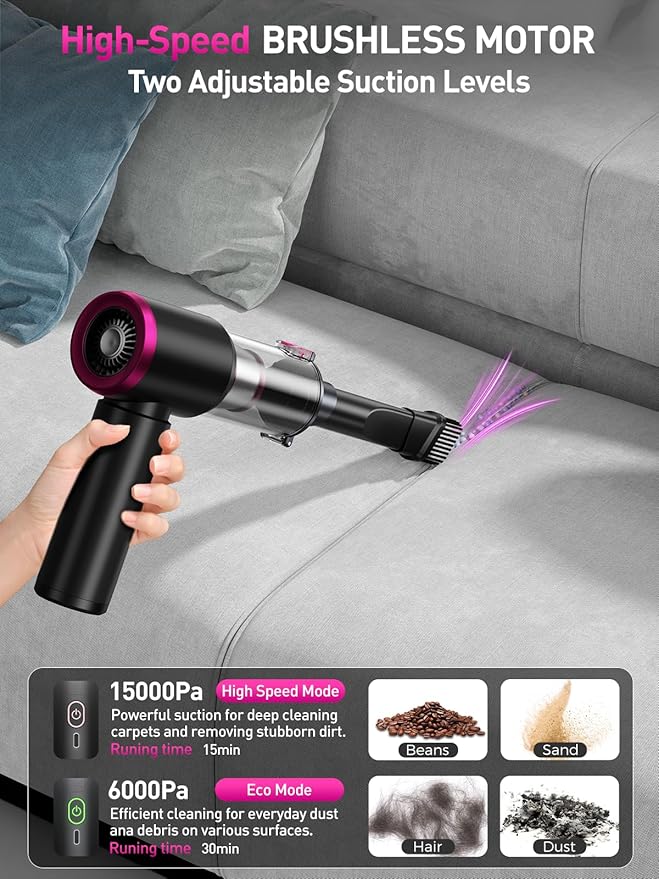 Mini Car Vacuum Portable Cordless with LED Light, 15000PA Powerful Suction, 80W High Power, One-Click Empty, Dual Hepa Filter, Y8plus Car Vacuum Cleaner & Air Duster for Home, Desk, PC, Keyboard