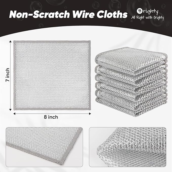 Orighty Multipurpose Wire Dishwashing Rag, 48 Pcs Non-Scratch Wire Dish Cloths for Wet and Dry, Reusable Steel Scrubber Dish Rags for Kitchen, Cookware, Stove Cleaning, 7"x8", Silver