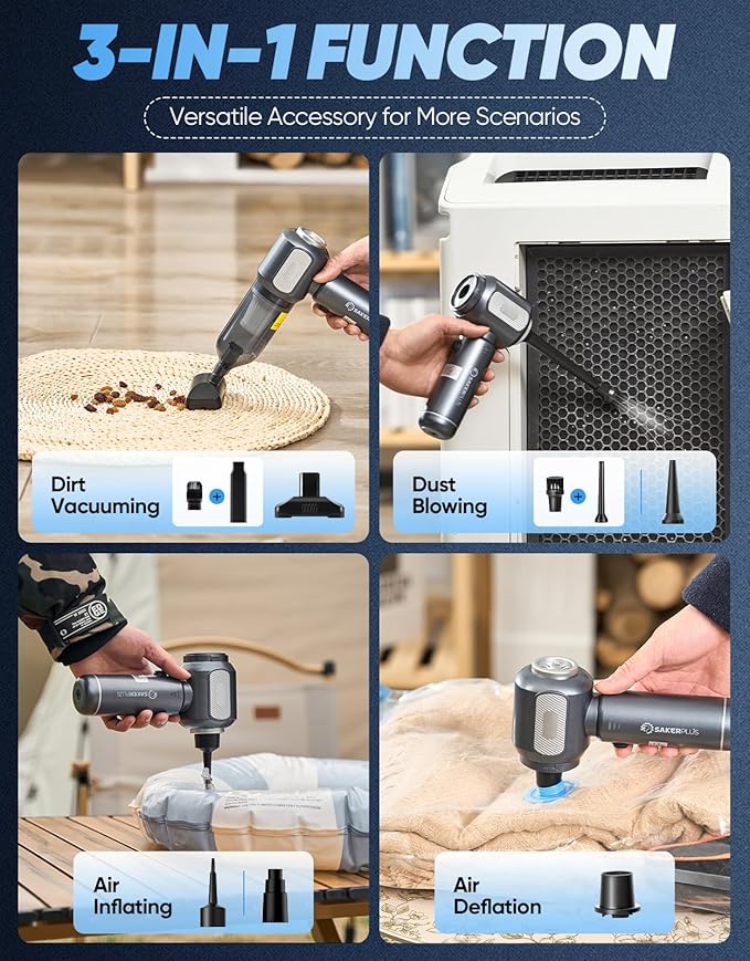 Sakerplus Mini Vacuum Cleaner, Cordless Car Vacuum, 17500PA High Suction, 3 in 1 Handheld Vacuum, Vacuuming, Blowing, Inflating, Deflation, Portable Vaccum with HEPA Filter for Cars,Desktop,Home SW106