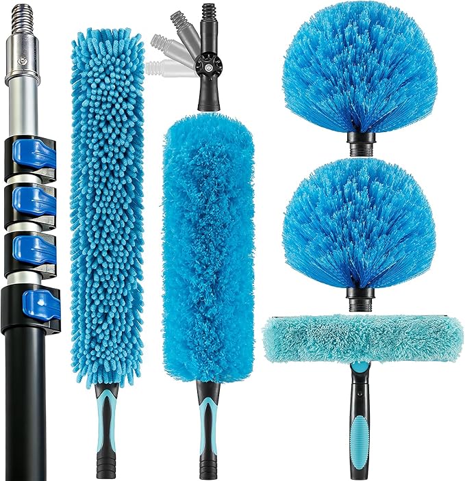 25 Foot High Ceiling Fan Duster with 6-18ft Extension Pole, Extendable Reusable Cobweb, Feather, Window Cleaning Squeegee Kit