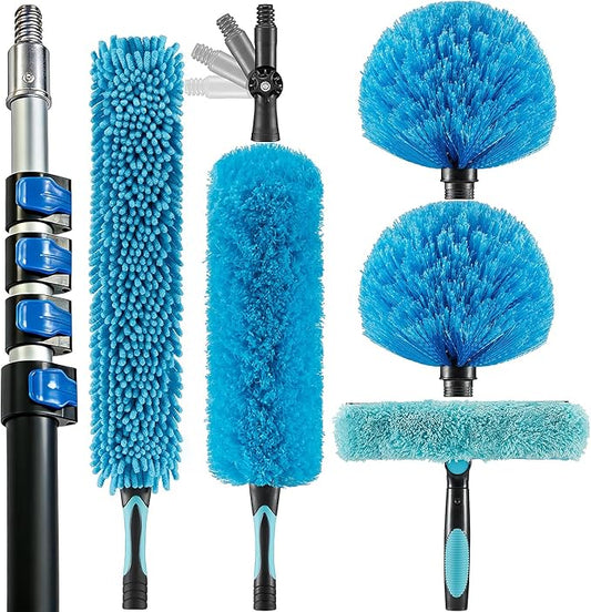 25 Foot High Ceiling Fan Duster with 6-18ft Extension Pole, Extendable Reusable Cobweb, Feather, Window Cleaning Squeegee Kit