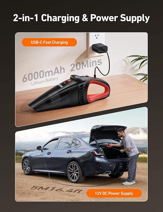 AstroAI V2 Mini Portable Cordless Handheld Car Vacuum Cleaner, 6000mAh & 12V DC, LED Light, Brush, Extended Nozzle, Hose, Portable Handheld Vacuum for Car, Home, Office & Pet Cleaning, Red