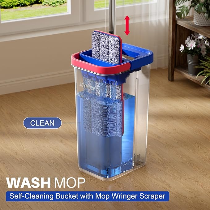 JOYMOOP Flat Mop System, Microfiber Mop and Bucket Set, Black, Household & Commercial Floor Cleaning System for Hardwood, Tile & Glass, Wet Dry Use, 60" Handle, 3 Pads