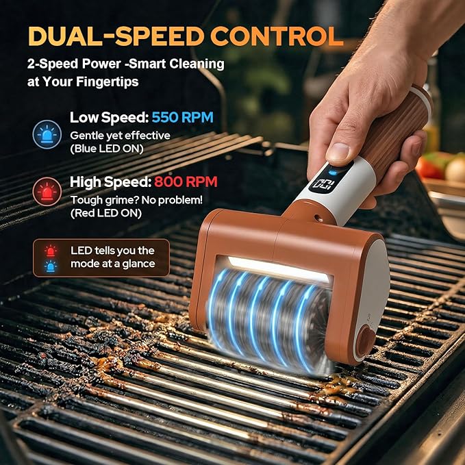 Electric Grill Brush for Outdoor, 2026 BBQ Grill Cleaner with Digital Display, Variable Speed Cordless Grill Brush, Waterproof & Replaceable Heads Grill Cleaning Brush for Barbecue Grates