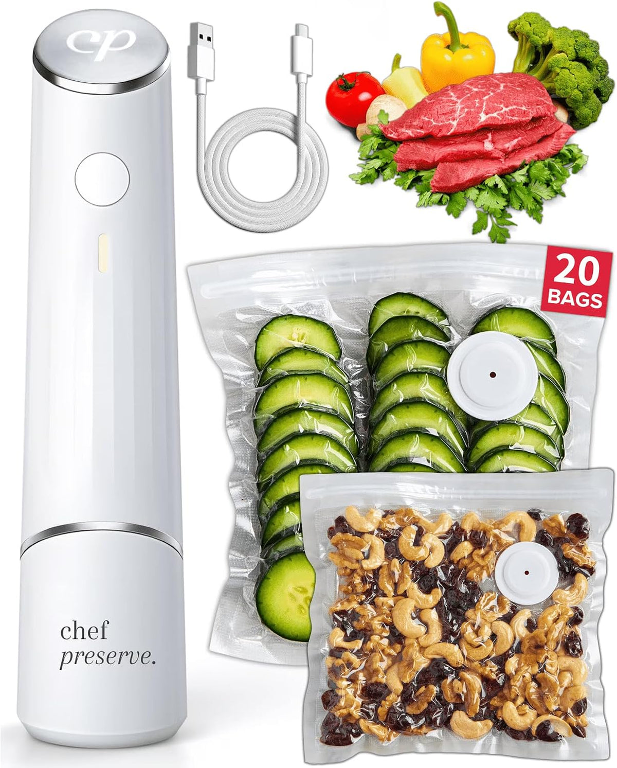 Compact Vacuum Sealer for Food (Vacuum Sealer Machine + 20 Reusable Vacuum Bags) Powerful Handheld Vacuum Sealer Machine, Seal Meal Saver, Portable Food Sealer