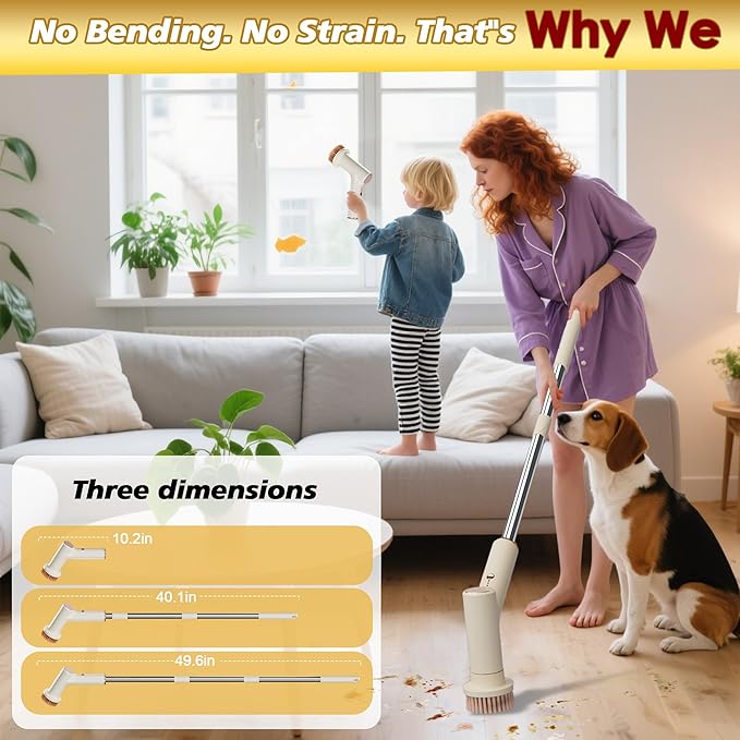 Electric Spin Scrubber, 2600mAh Battery with Extra-Long Runtime, 10 Brush Heads, IPX7 Waterproof Power Shower Scrubber with Long Handle, 2 Speeds Cordless Cleaning Brush for Bathroom Bathtub
