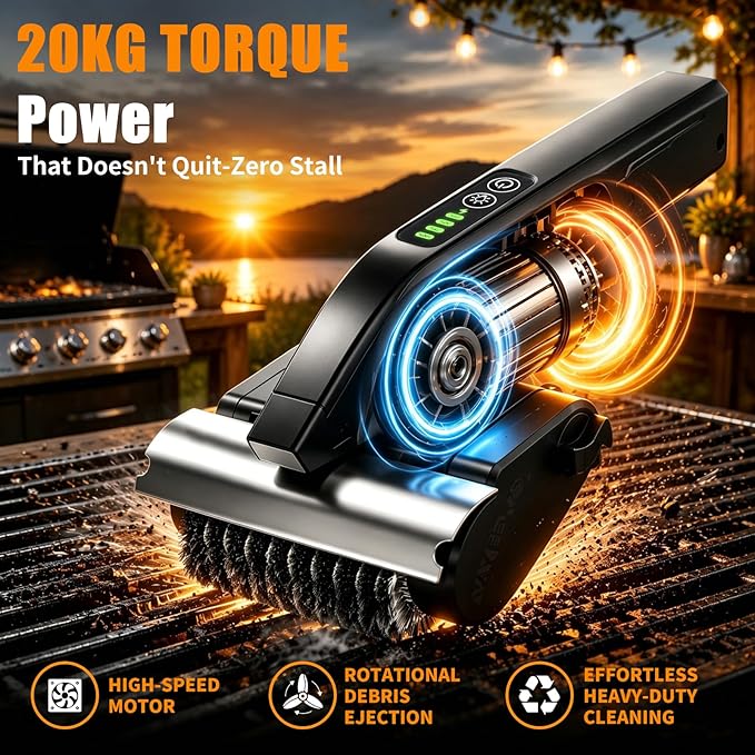 Electric Grill Brush, High Torque BBQ Bristle-Free Cleaner – Rechargeable Cordless with LED Light, Splash Guard & Scraper, Heavy Duty Grill Cleaning Tool for Outdoor Grill, Gift for Men Dad