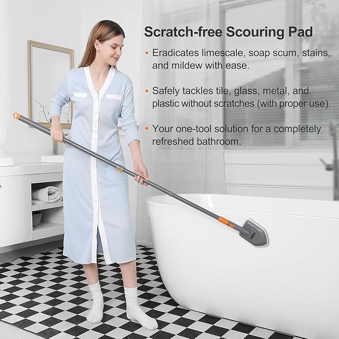 CLEANHOME Tile Tub Scrubber Brush with 3 Different Function Cleaning Heads and 56" Extendable Long Handle-No Scratch Shower Scrubber for Cleaning Bathroom Kitchen Toilet Wall,Bathtub,Sink,Grey