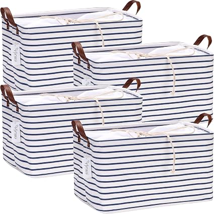 Hinwo 4-Pack Large Canvas Fabric Storage Baskets with Handles, 31L Rectangle Storage Bins, Collapsible Storage Box, Clot