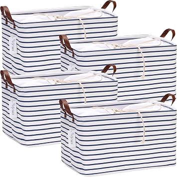 Hinwo 4-Pack Large Canvas Fabric Storage Baskets with Handles, 31L Rectangle Storage Bins, Collapsible Storage Box, Clot