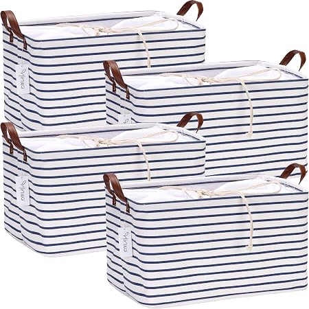 Hinwo 4-Pack Large Canvas Fabric Storage Baskets with Handles, 31L Rectangle Storage Bins, Collapsible Storage Box, Clot