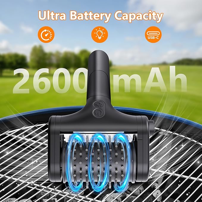 Electric Grill Brush for Outdoor, 2600mAh Upgraded BBQ Grill Cleaner with LED Light, 2-Speed Adjustable Gear, 450RPM Cordless Grill Brush, Grill Cleaning Brush with 150Mins Runtime