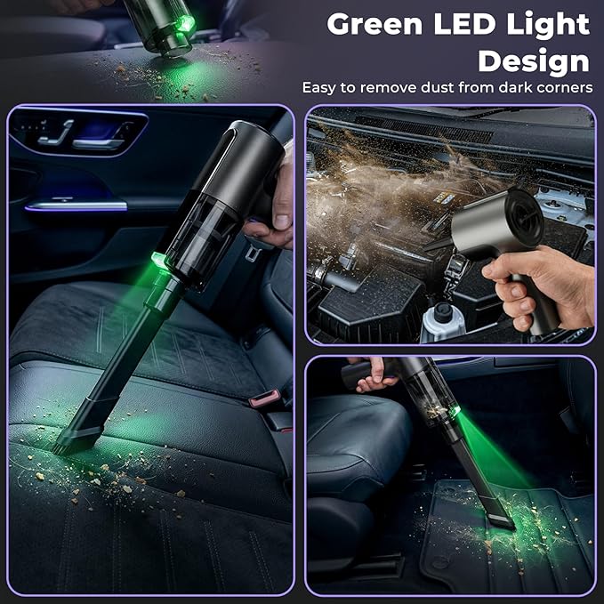 20000Pa Cordless Car Vacuum, 80,000 RPM Brushless Motor Handheld Vacuum with 7-in-1 Air Duster Blower, Portable Type-C Rechargeable Cleaning Kit for Pet Hair, Home & Office, Dark Black