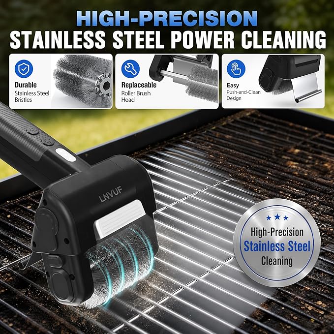 Electric Grill Brush, Grill Cleaner with LED Light, with 800 RPM Motor, 304 Removable Stainless Steel Brush Head, Cordless & Type-C Rechargeable for BBQ, Heavy Duty Grill Cleaning Tool (Black)