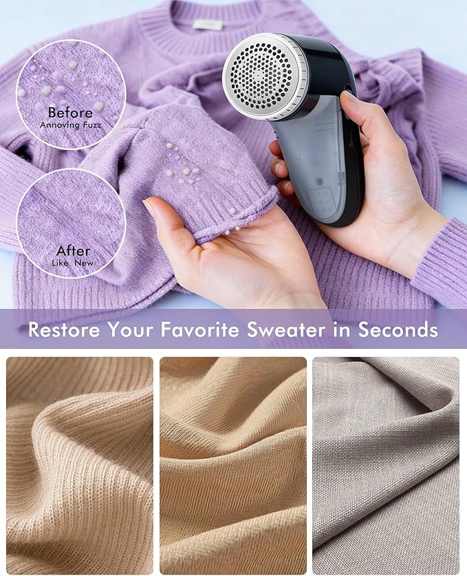 Ruidla Fabric Shaver Defuzzer, Electric Lint Remover, Rechargeable Sweater Shaver with Stainless Steel 3-Leaf Blades, Dual Protection, Removable Bin, Easy Remove Fuzz, Lint, Pills, Bobbles