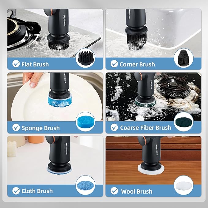 Electric Spin Scrubber,Cordless Shower Scrubber with LCD Display,Upgraded Motor 400/550RPM,2 Speeds Electric Scrubber with 6 Replaceable Heads,Handheld Cleaning Brush for Kitchen/Bathroom/Tile/Tub