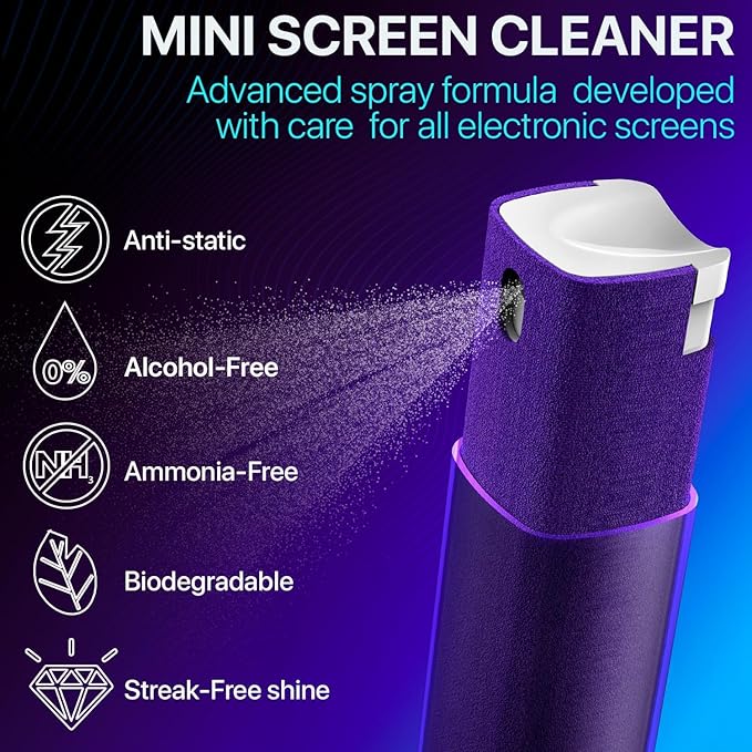 IO CLEAN Mini Screen Cleaner Spray – Finger Proof Screen Cleaner for Smartphones, iPads, MacBooks, Laptops, Car Screens, Touchscreens – 3in1 Mist Cleaner, Microfiber Cloth and Cover (Dark Green)