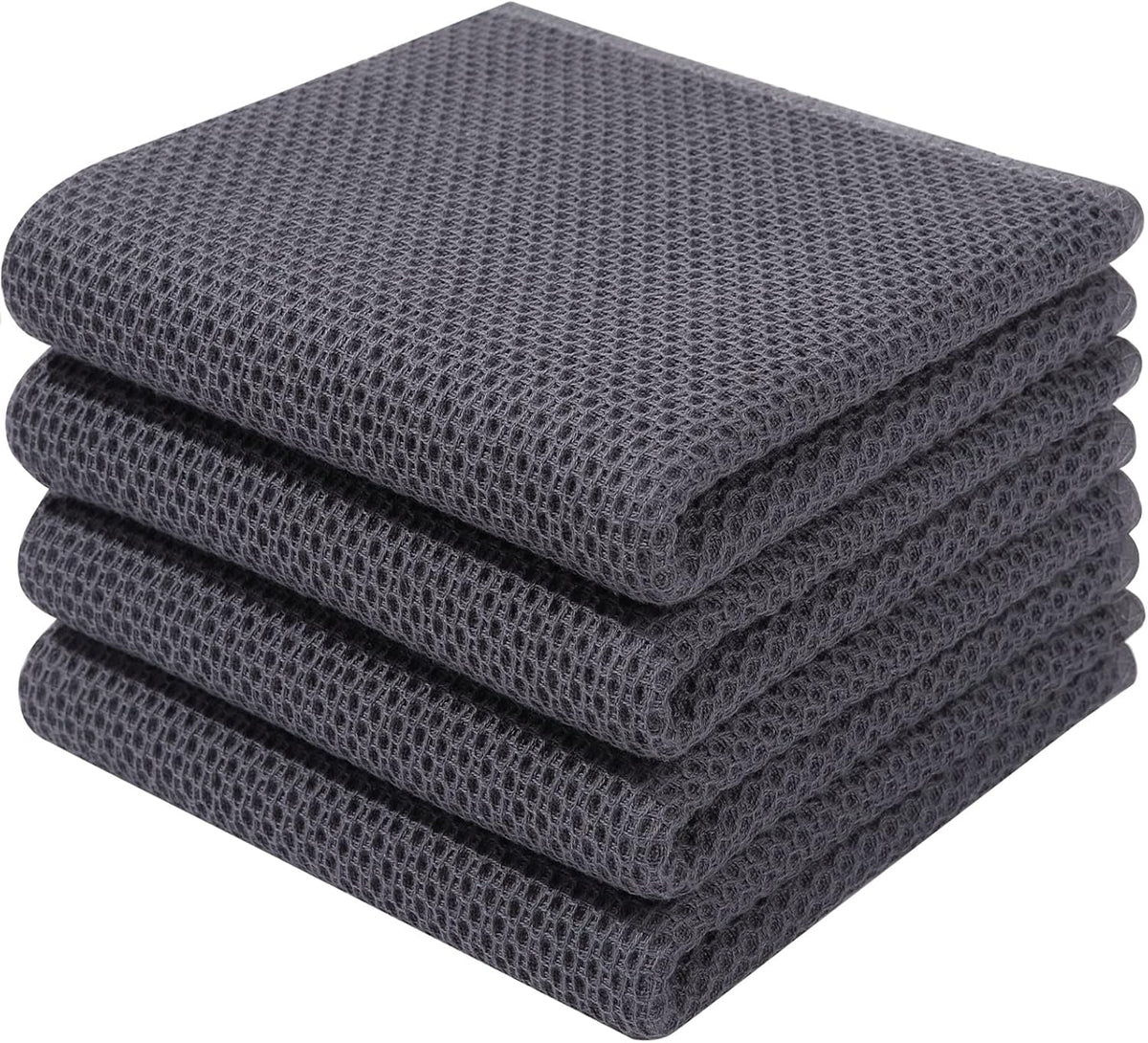 100% Cotton Waffle Weave Kitchen Dish Towels 4-Pack, Dark Grey