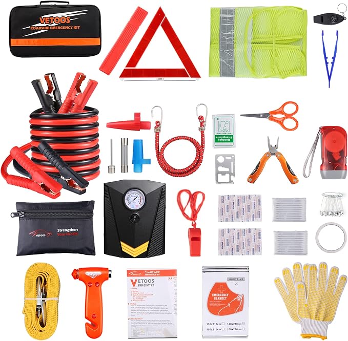 Car Emergency Roadside Kit with Jumper Cables, Auto Vehicle Safety Kits