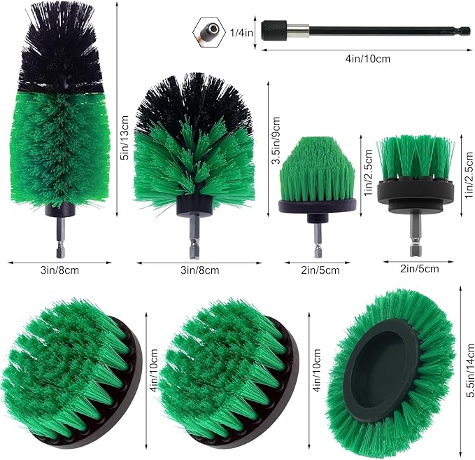 8 Pcs Drill Brush Attachment Set, Power Cleaning Scrub Brush Kit with Extend Long Attachment, All Purpose Drill Scrub Brushes for Car, Grout, Floor, Tub, Bathroom and Kitchen (Green)