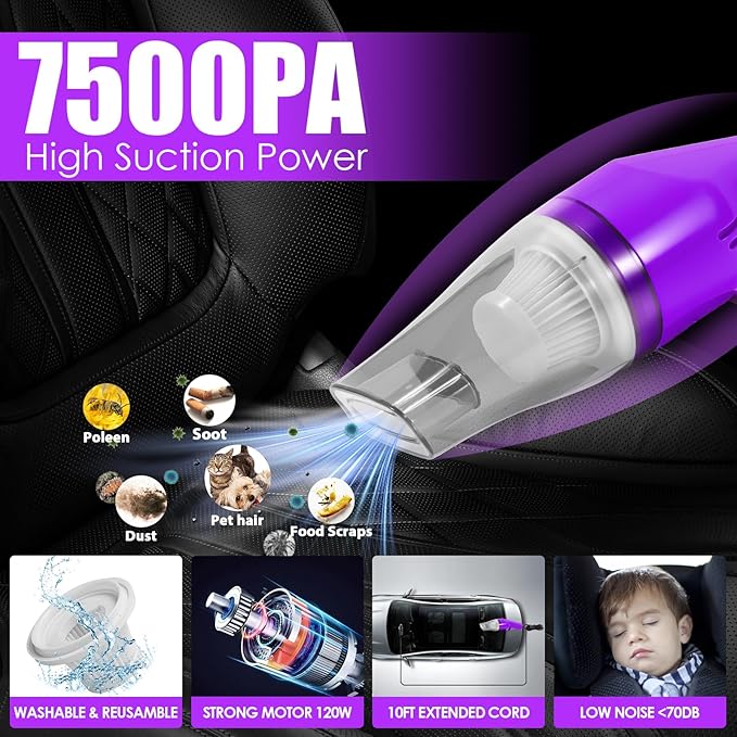20PCS Car Cleaning Kit, Car Interior Detailing Kit with Purple High Power Handheld Vacuum, Detailing Brush Set, Windshield Cleaner, Cleaning Gel, Complete Auto Accessories for Women
