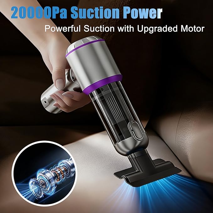 Car Vacuum Portable Cordless,20000Pa Suction Power Handheld Vacuum for Car,Home,Office,Pet Hair Cleaning,with 2 Washable Filter and 9 Replaceable Nozzle, Type-C Charging