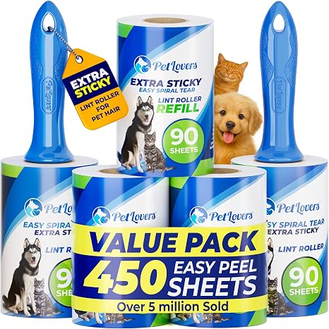 PetLovers Extra Sticky Lint Roller Mega Value Set 450 Sheets for Pet Hair Removal and Clothes, Dog and Cat Lint Remover 