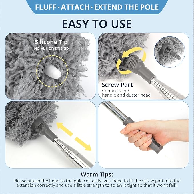 ZZ LAZYCOTTAGE Microfiber Feather Duster for High Reach, Lightweight Ceiling Fan Cleaner, 91.5" Telescopic Pole, Cobweb Duster with Extension Pole for Home & Car