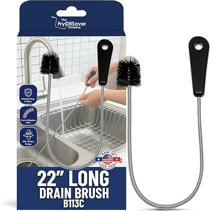 22" Long Sink Drain Brush – Slim Snake Hair Clog Remover Tool for Shower, Tub and Sink - Pipe/Tube Brush for Small Spaces, Drain Cleaning – B113C by FryOilSaver Co.