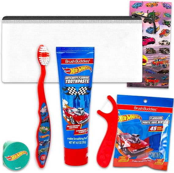 Hot Wheels Oral Care Traveling Kit for Kids - Bundle with Toothbrush with Cover, Toothpaste, Floss Pack, Travel Bag, and