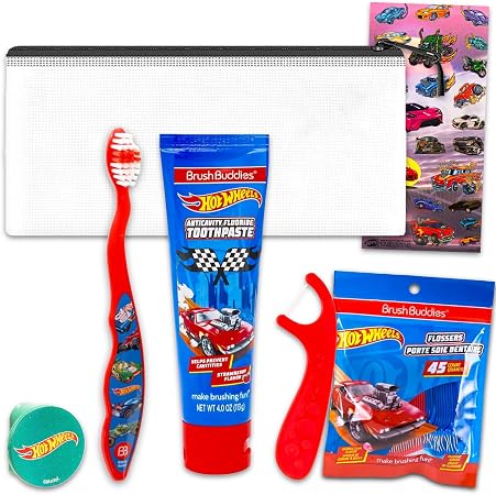 Hot Wheels Oral Care Traveling Kit for Kids - Bundle with Toothbrush with Cover, Toothpaste, Floss Pack, Travel Bag, and